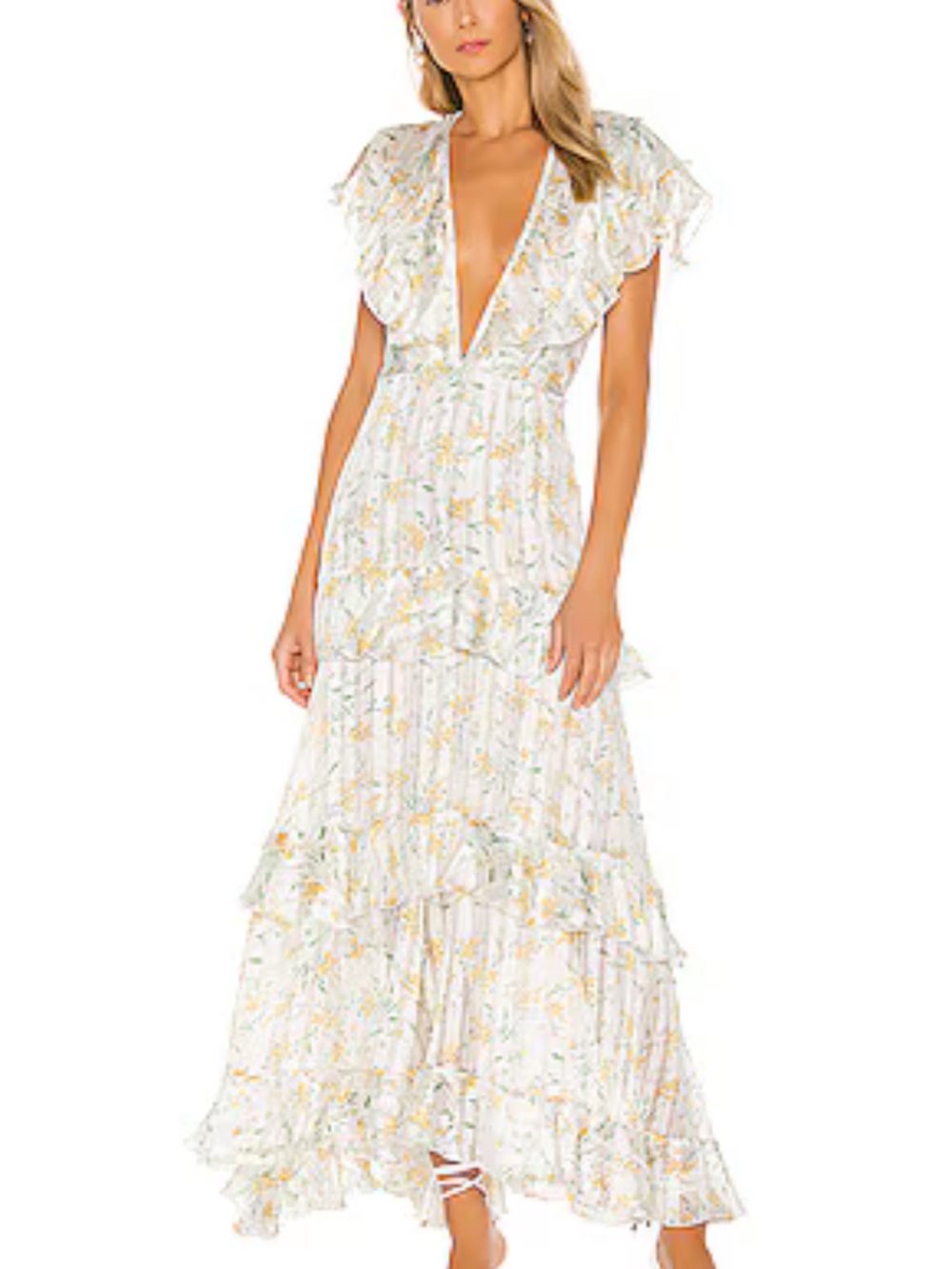Sabina Musayev White Floral Ruffle V-Neck Maxi Dress